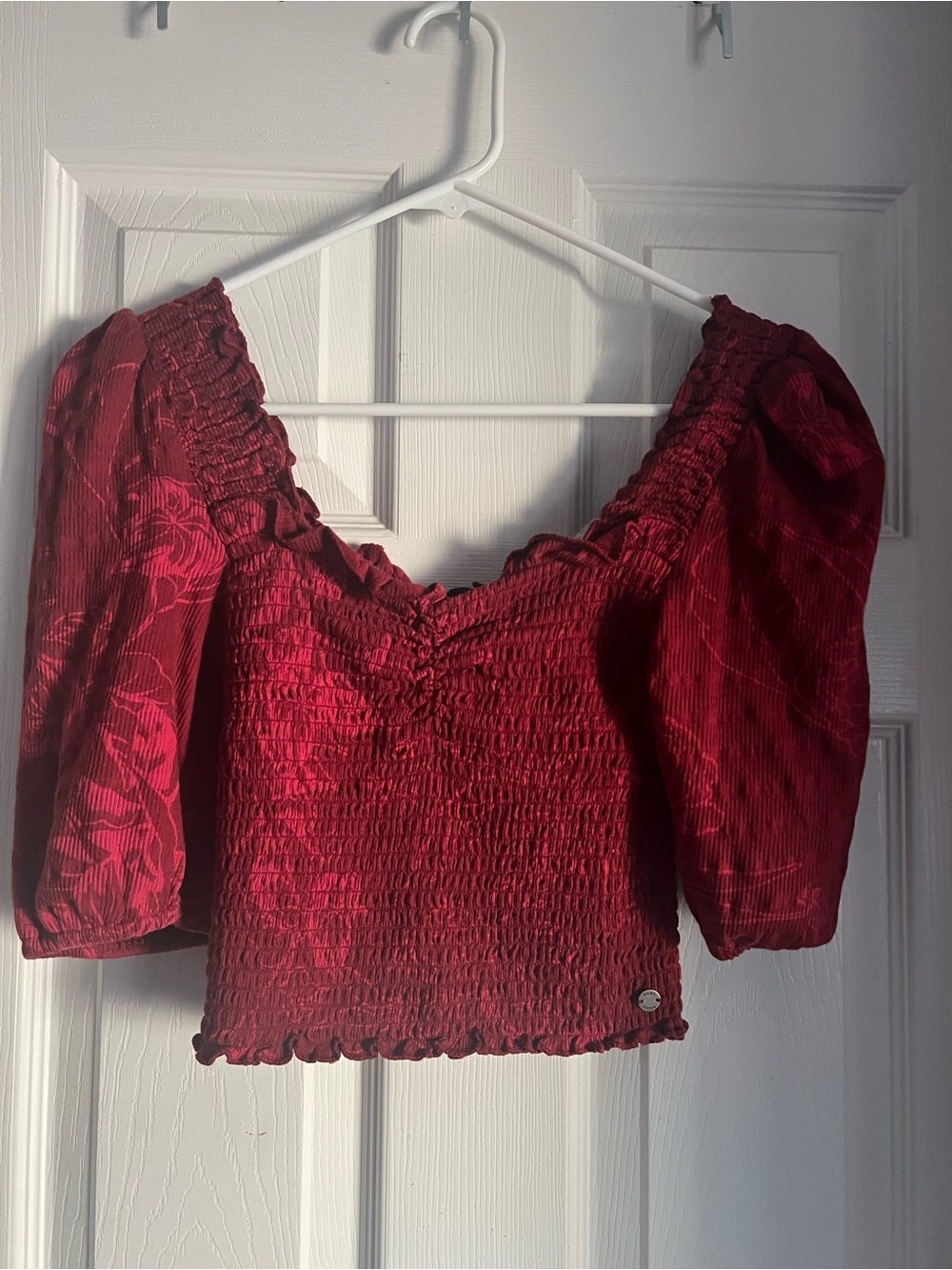 Roxy Red Smocked Puff Sleeve Crop Top